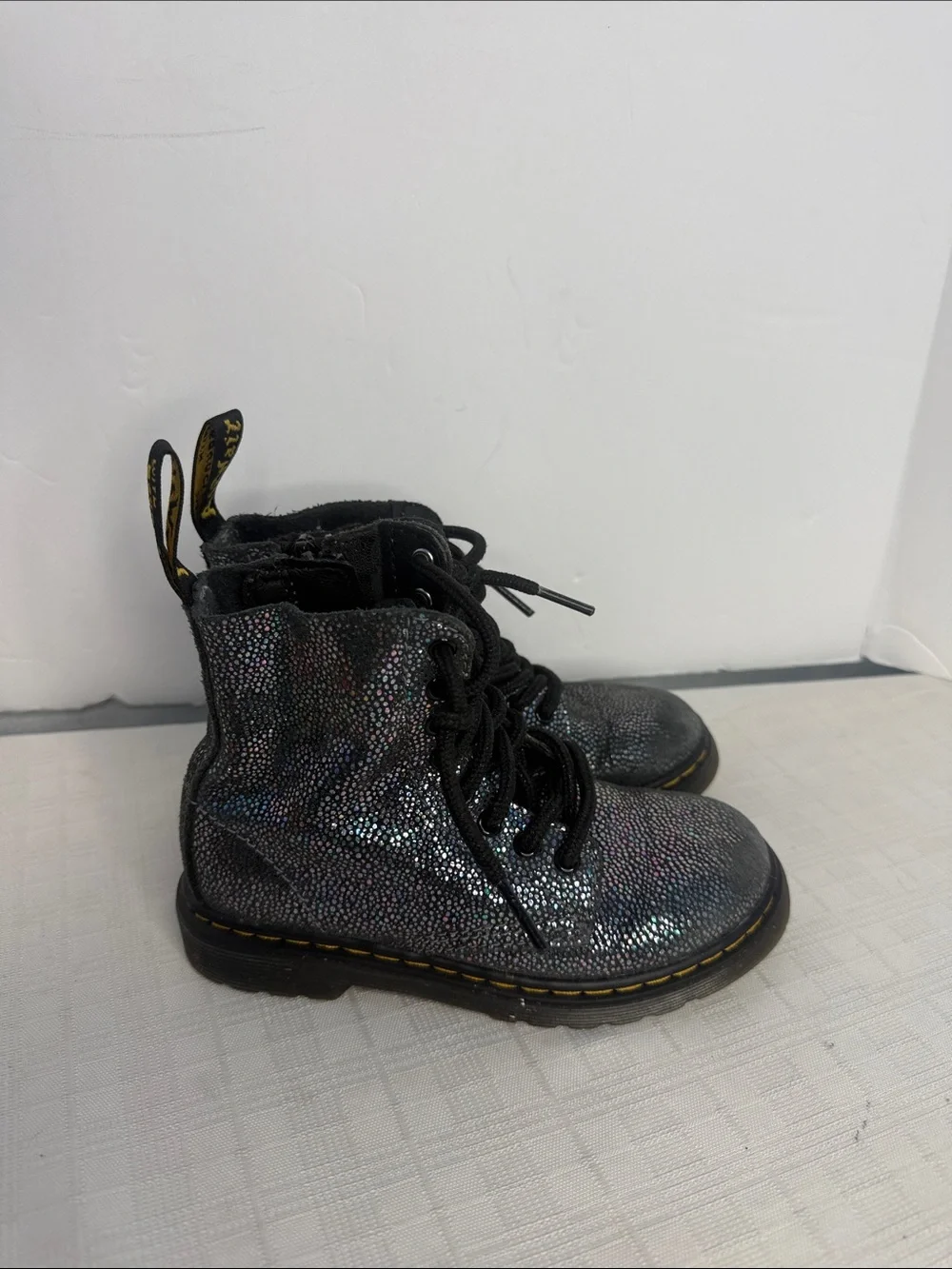 Dr. Martens Pascal Lace Up Boots Black Suede Outer Iridescent Foil Kids Girls 11